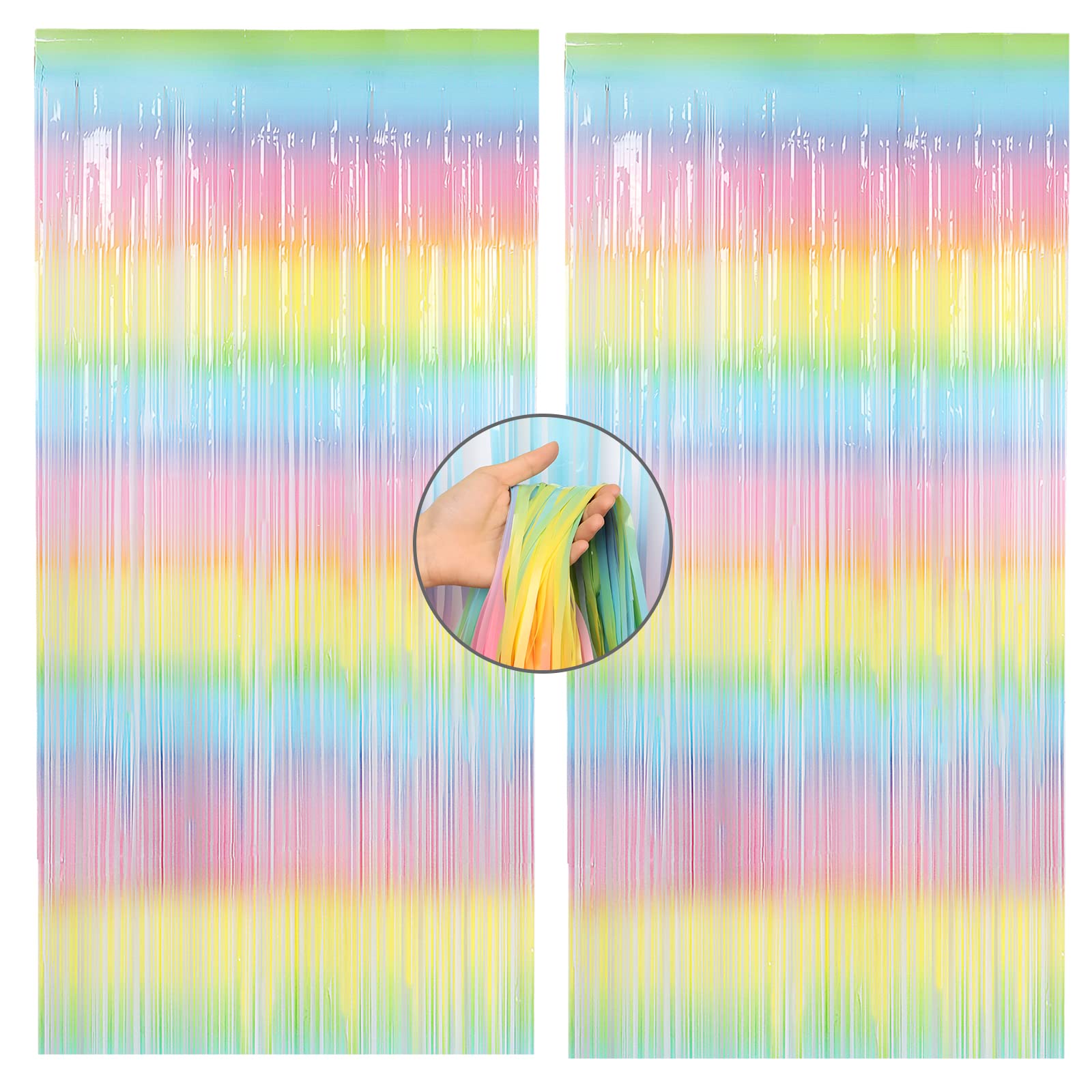Mutool Macaron Rainbow Foil Fringe Curtain Backdrop, Sparkle Tinsel Metallic Curtains for Birthday Party Wedding Photo Backdrop Christmas Halloween Disco Party Decorations (2Pack, 1x2m)
