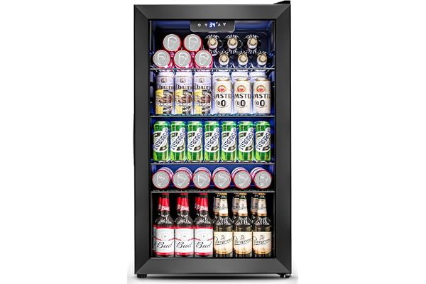Feelfunn 3.2 Cu.Ft Mini Fridge with Glass Door - 126 Can Beverage Refrigerator Cooler for Drink Beer Wine Soda, Small Fridge for Bedroom Office Bar Dorm, 4 Adjustable Shelves, Black