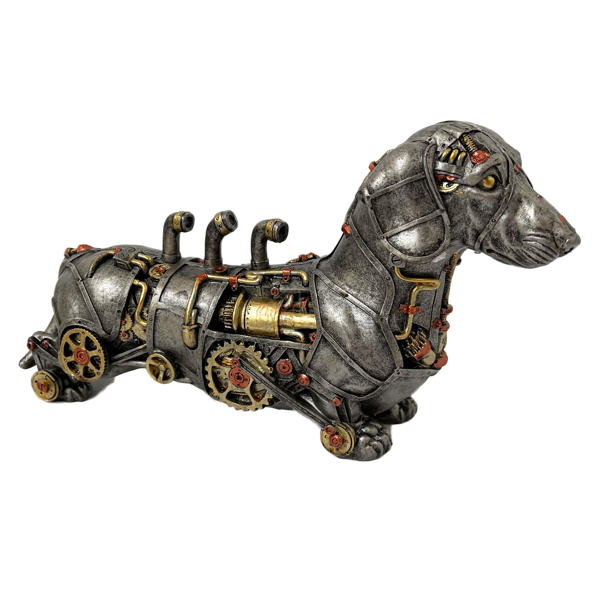 Darthome Ltd Industrial Silver Resin Gothic Steampunk Daschund Sausage Dog Sculpture Ornament 31cm