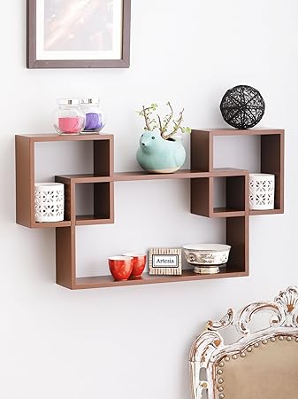 Artesia Trendy Brown Wooden Interlocked Wall Shelves