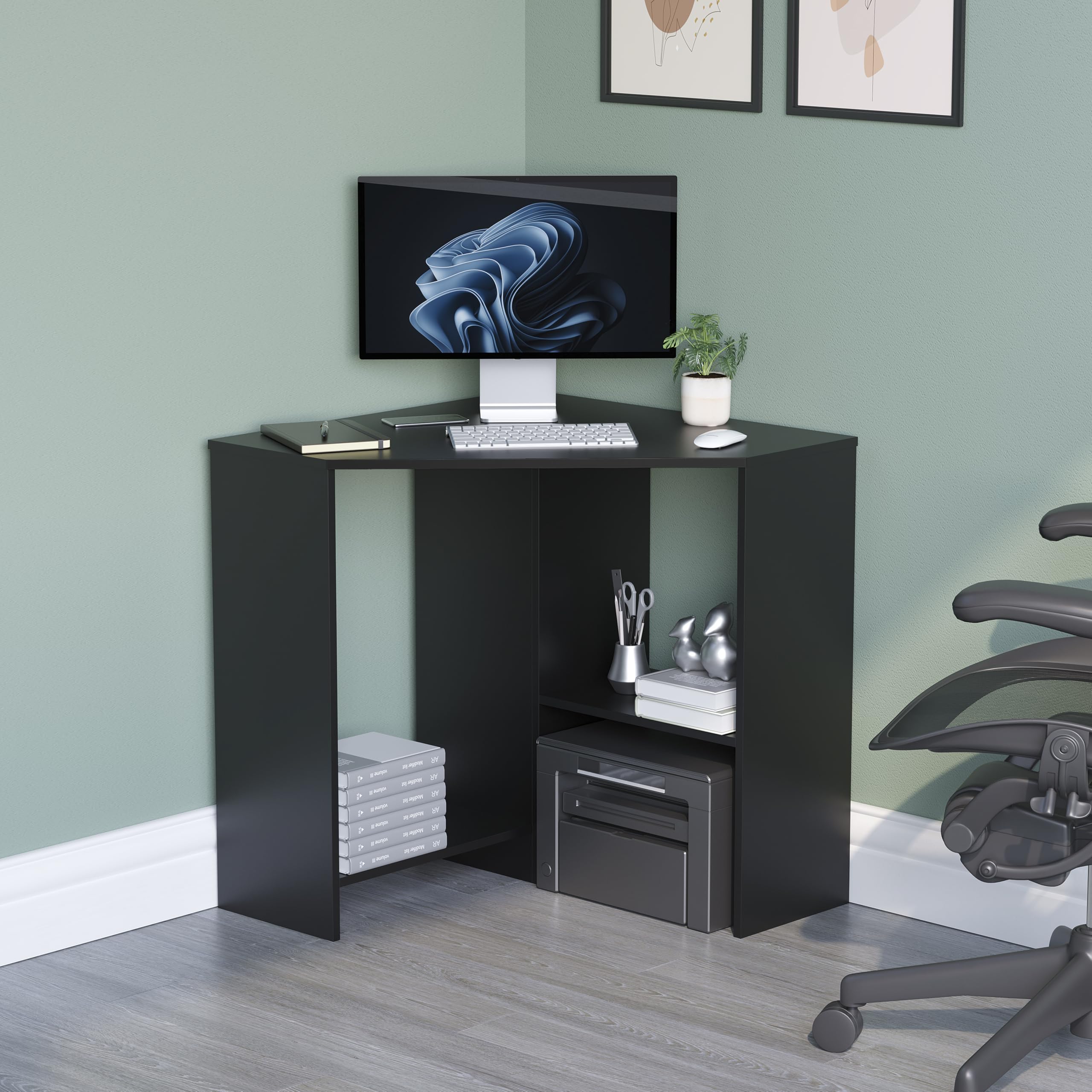 Vida Designs Hetton Corner Computer Desk with Shelves, Home Office PC/Laptop Table, Gaming Study Workstation, Furniture, Black