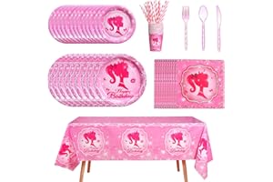 PEIKING 161CT Pink Girl Babe Happy Birthday Party Supplies Babe Head Paper Plates Cups Straw Napkins Spoon Fork knives Tablecloth Hot Pink Girl Party Decorations Tableware for 20 Guests for Bday Baby Shower
