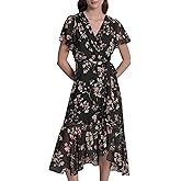 DKNY Womens Cap Sleeve Surplice Neck Side Tie Faux Wrap Midi Dress