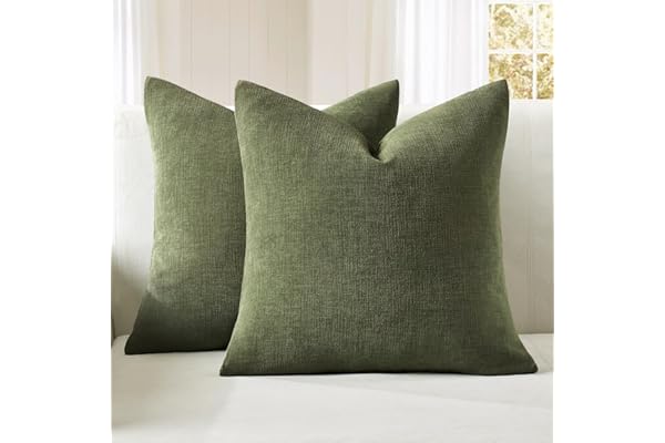 MIULEE Set of 2 Olive Green Chenille Throw Pillow Covers 18 x 18 Inch | Couch Pillow Covers, Soft Decorative Farmhouse Pillow