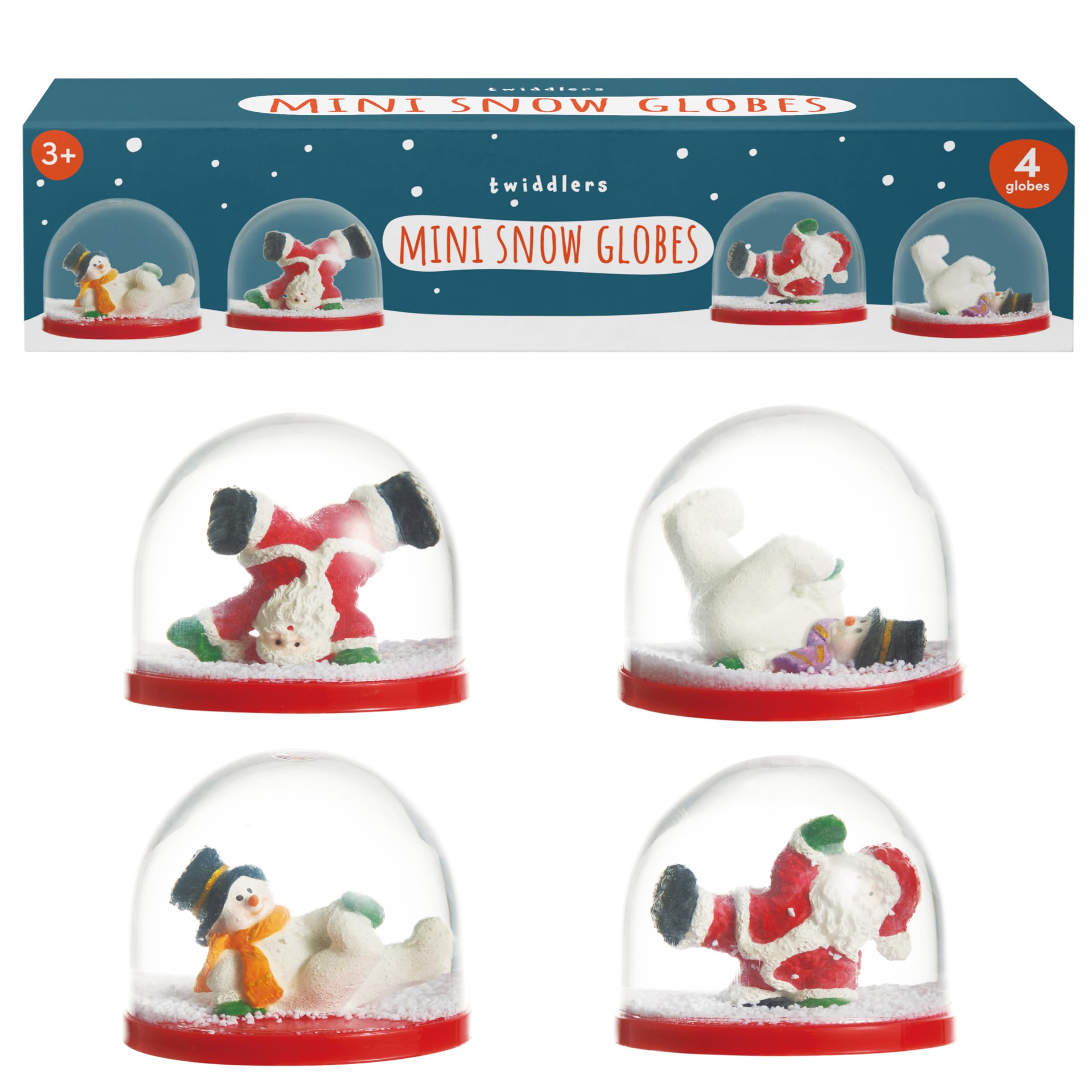 THE TWIDDLERS 4 Mini Christmas Snow Globes in Dancing Xmas Designs for Stocking Fillers, Party Gift Bags, Festive Ornaments, Decorations for Kids & Adults - 6cm Globes (2 Snowmen & 2 Santa)