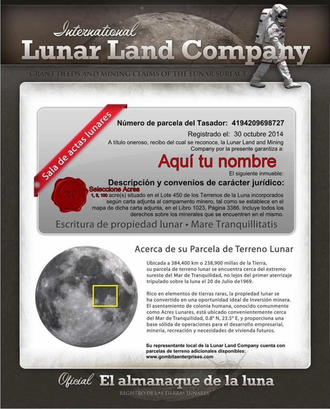 LUNAR LAND CERTIFICATE 1,5, or 100 Acres English or Spanish