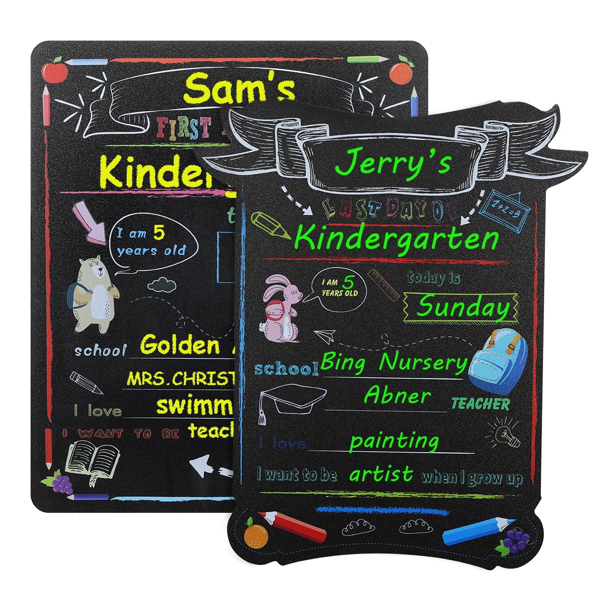 NUOBESTY 2pcs First Last Day of School Wooden Board Signs Back to School Blackboards Double-Sided Chalkboard for Kids Preschool Kindergarten Milestone Supplies