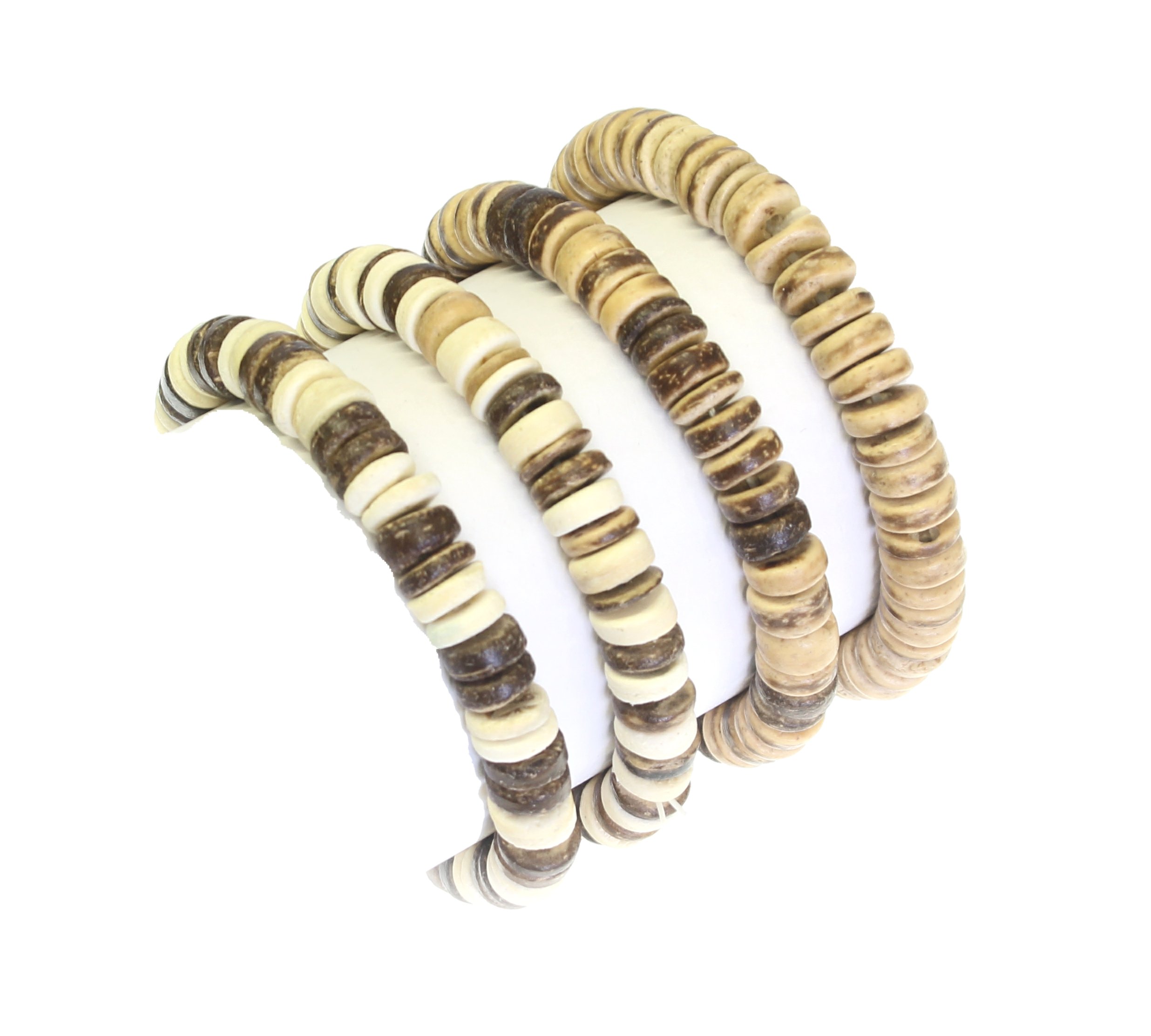 benerini Set of 4 - Coco Wood Bead Elasticated Surfer Style Bracelets/Wristbands - Maximum Wrist Size 17 CM - Set Style A