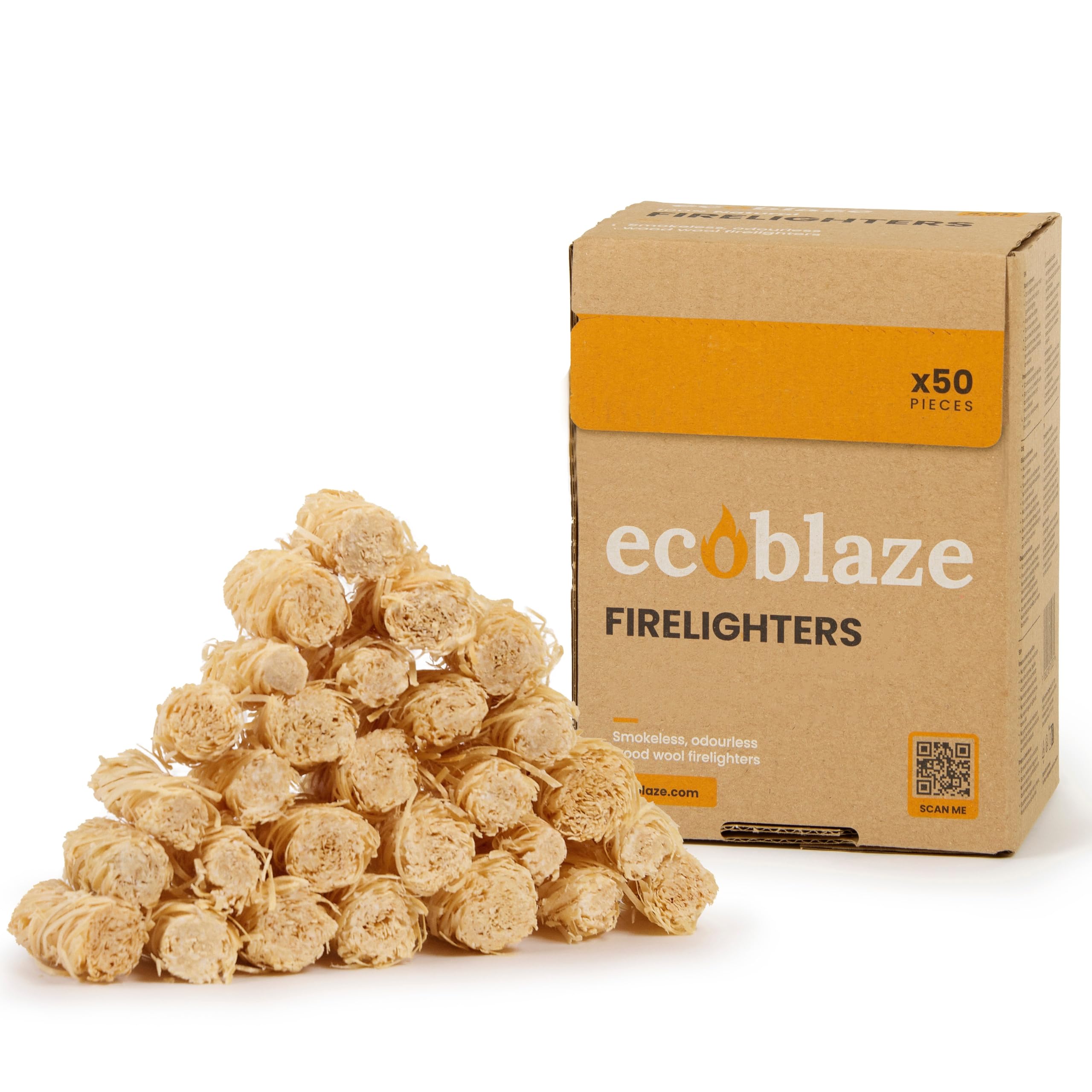 Ecoblaze Natural 50 Firelighters ​​- Fire Lighters for BBQ, Pizza Oven, Fire Pits - Wood Wool Fire Starters - Perfect for Garden Life & Camping, Safe, Clean Wax Coated Instant Firestarter