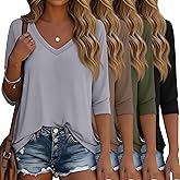 Ficerd 4 Pack Women's 3/4 Sleeve T Shirts, V Neck Casual Tunic Tops Loose Fit Cotton Basic Shirts Solid Color Fashion Tees