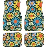 Colorful Hippie Flower Car Floor Mats Set of 4,Abstract Tropical Floral Seamless Pattern Cute Flowers Vehicle Front Rear Carpets Mats Universal Car Floor Rugs Car Accessories for Van Truck