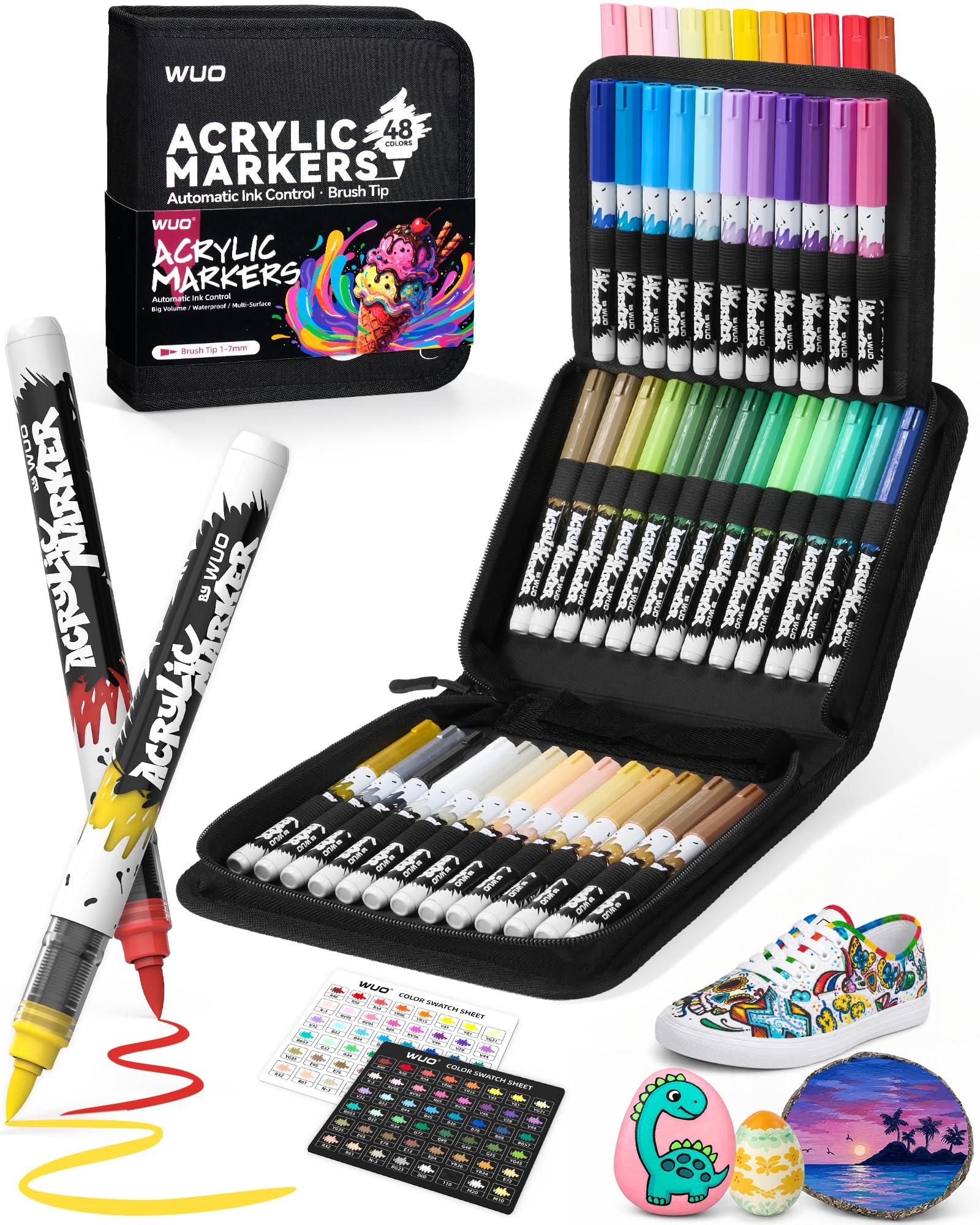 WUO 48 Pack Acrylic Paint Markers with Automatic Liquid Ink Control System | Brush Tip Paint Pens with Smooth Ink Flow for Ro