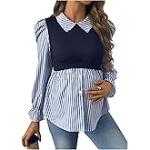 OYOANGLE Women's Maternity Striped Print Collared Long Sleeve Button Down 2 in Blouses Nursing Shirt Tops