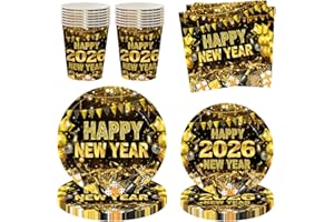 QYCX 96Pcs New Year Tableware New Year Plates Cups Napkins Party Decorations Disposable Dinnerwares Paper with Gold Balloons 