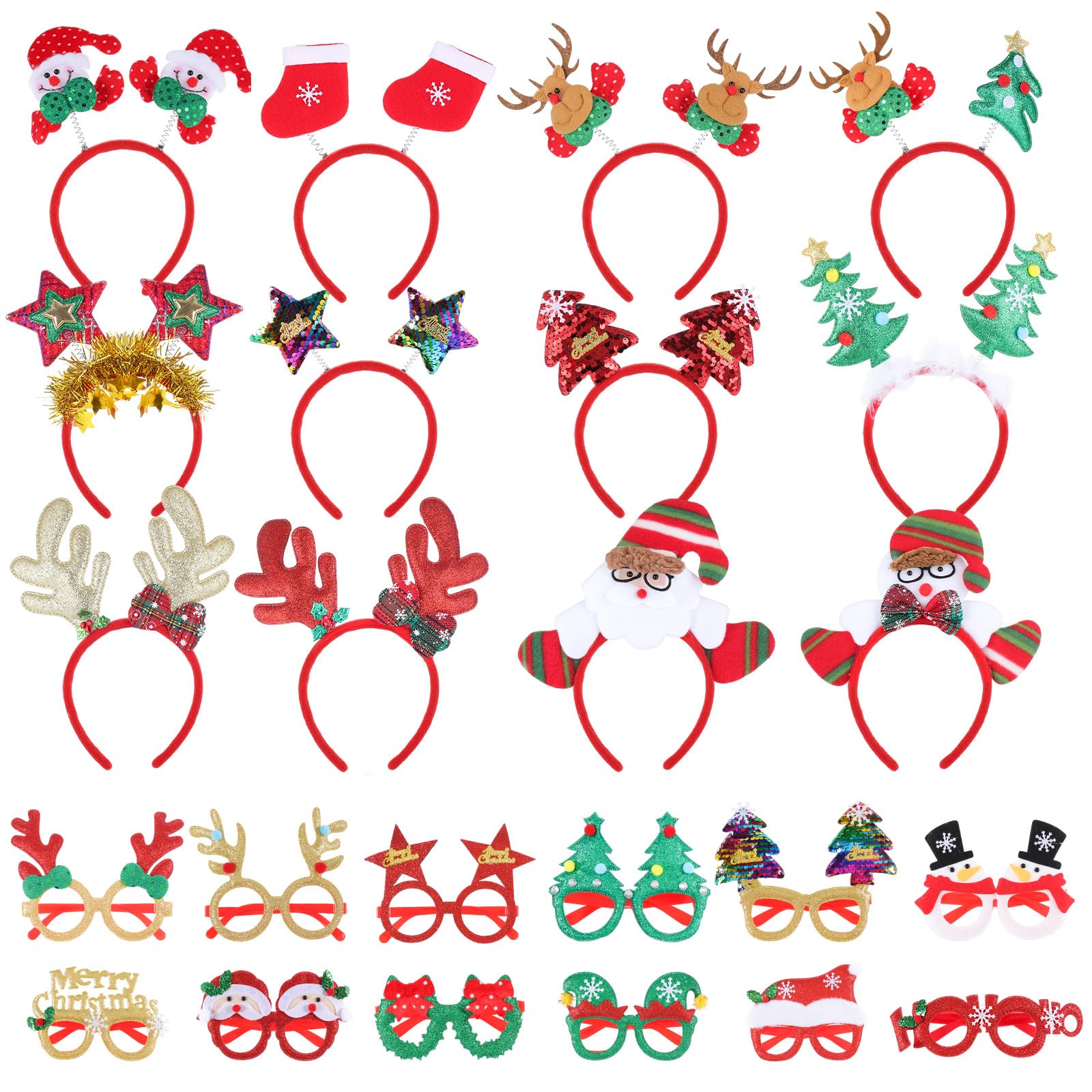 BAIEGOED 24PCS Christmas Party Favors, Novelty Christmas Headbands Hats Xmas Glasses Frames Xmas Tree Reindeer Headband Glasses Fancy Dress Costume Accessories for Party Supplies & Photo Booth