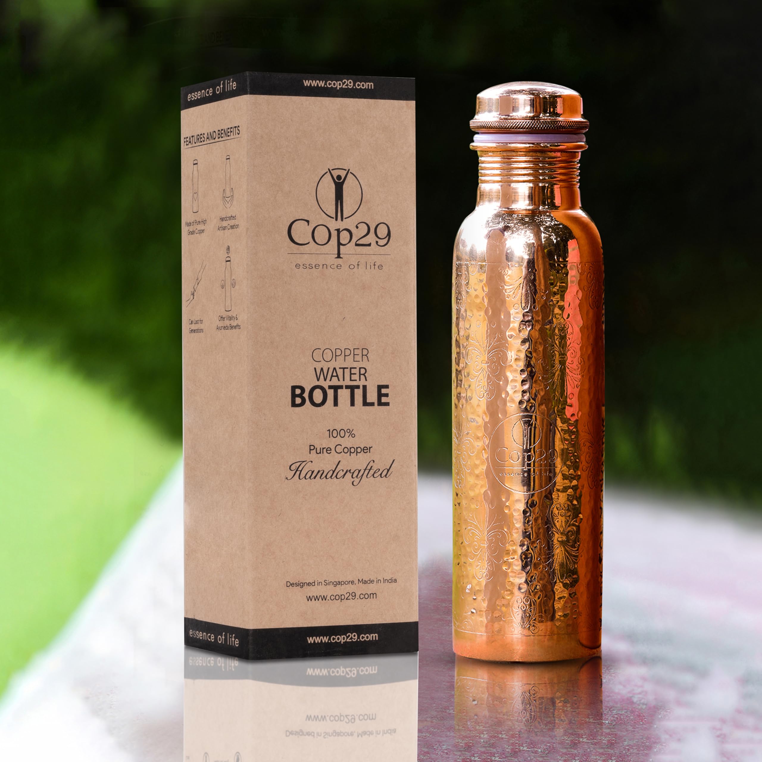 Cop29 Dual Hammered + Hand Engraved Premium Design Pure Copper Mira Glossy Water Bottle, 900ml/30Oz
