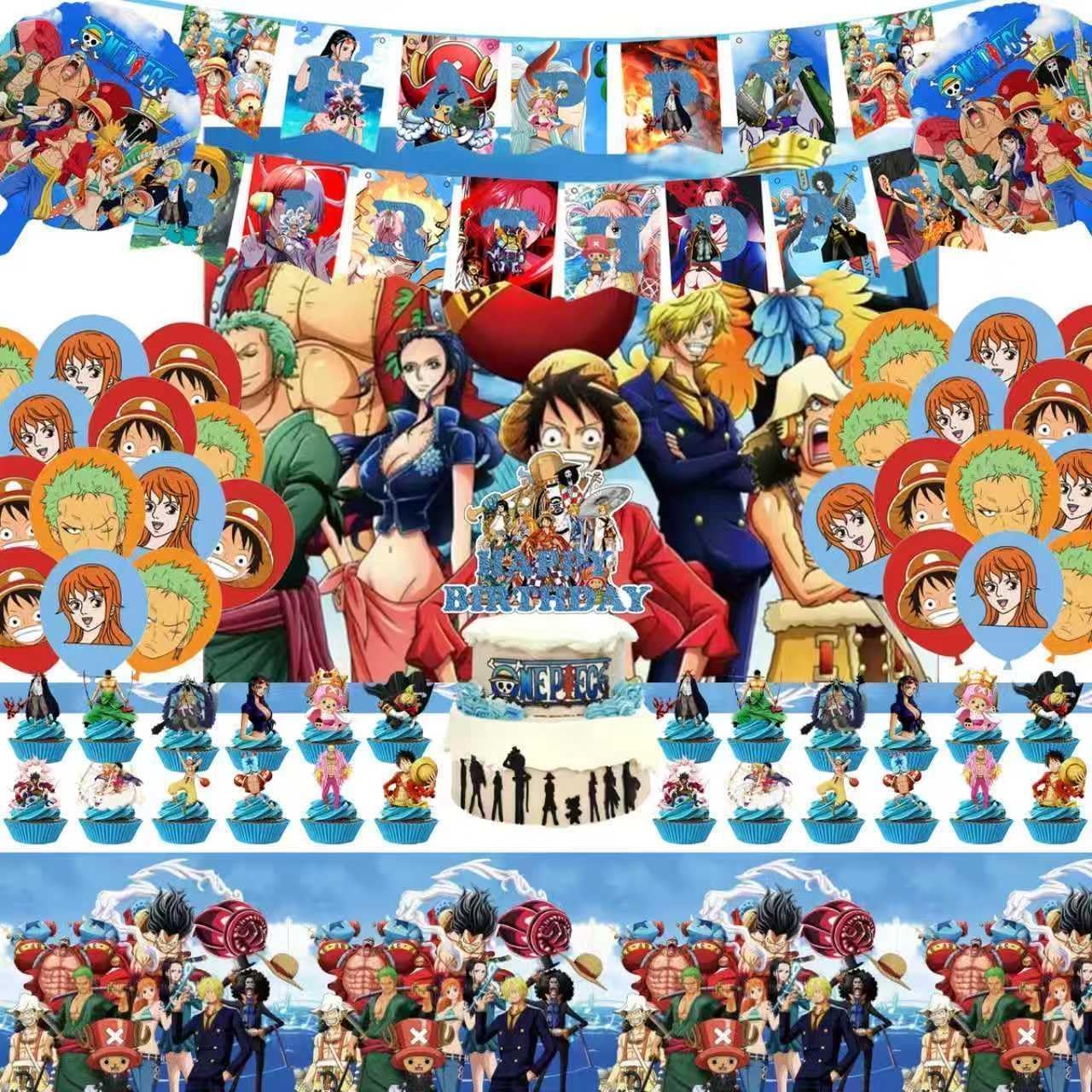 43Pcs For One Piece Birthday Party Supplies: 1 Banner, 1 Tablecloth, 1 Backdrop, 1 Cake Topper, 24 Cupcake Toppers, 15 Balloons, 2 Aluminum Balloons for Kids Boys Theme Party Decorations