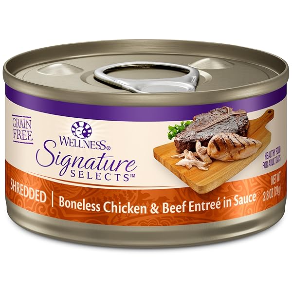 WELLNESS CORE SIGNATURE SELECTS SHREDDED ADULT CANNED WET CAT FOOD, NATURAL, PROTEIN RICH, GRAIN FREE, CHICKEN AND BEEF ENTRÉE RECIPE, 2.8 OZ, PACK OF 12 CANS