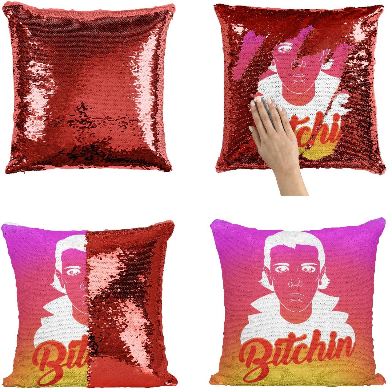 Bitchin Stranger Things Eleven Sequin Pillowcase, Mermaid Pillow, Reversible Pillow, Pillowcase Funny Pillow, Xmas, Birthday, Gift, Present, Celebrity Animation Fanart (Pillow Cover)