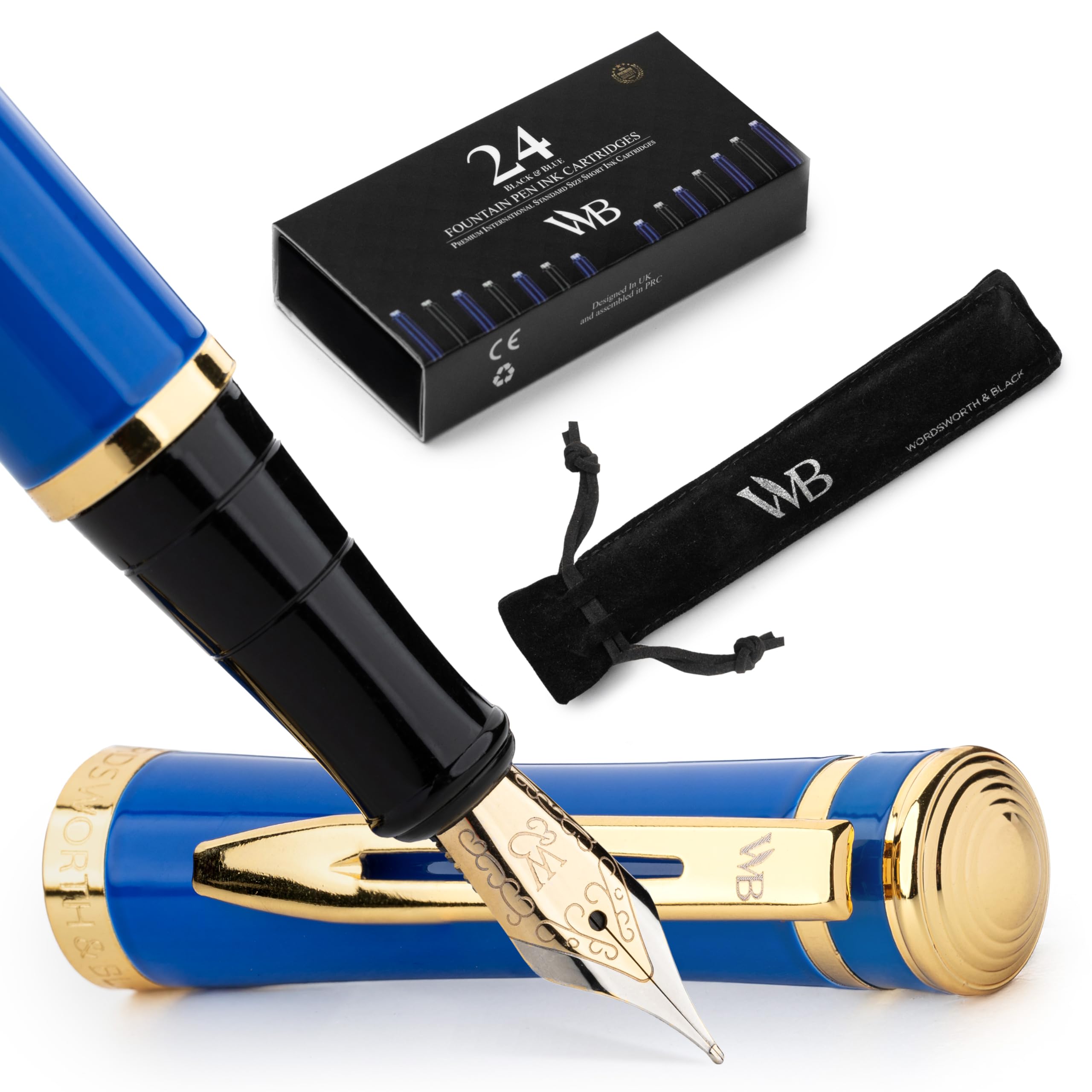 Wordsworth and Black Fountain Pen - Imperial Blue Luxury Medium Nib Set Includes 24 Ink Cartridges (Black & Blue), Refillable Ink Converter - Pens for Writing or Calligraphy