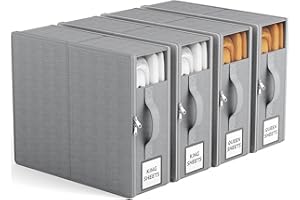PHINOX Bed Sheet Organizers and Storage, 4-Pack Sheet Storage Organizer for Linen Closet, Foldable Sheet Set Organizer with Zippers for Queen or King Sheets, Bedding Organizer Box for Duvet Cover Set