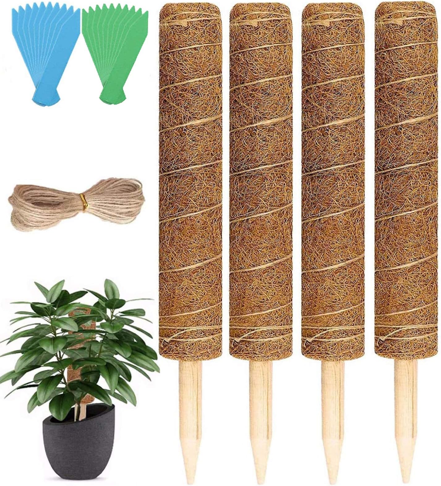 ZLMNB 4 Pieces 15.7 Inches Coir Totem Poles with 20 Pieces Plant Labels, Coir Moss Totem Pole Coir Moss Stick for Plant Support Extension Climbing Indoor Plants