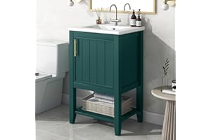 RITSU 20Inch Vanity, Soft Closing Door,Bathroom-Cabinet w MDF Board & Ceramic Sink & Painted Finish，Storage Rack and Open Shelf，Green