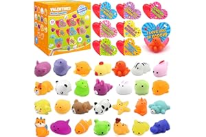 SURCVIO 28 Pack Valentine Mochi Squishies Gifts for Kids, Greeting Cards and Animal Mochi Squishies Filled Heart-Shape Box Kawaii Squishies Stress Relief Fidget Toys Classroom Exchange Party Favors