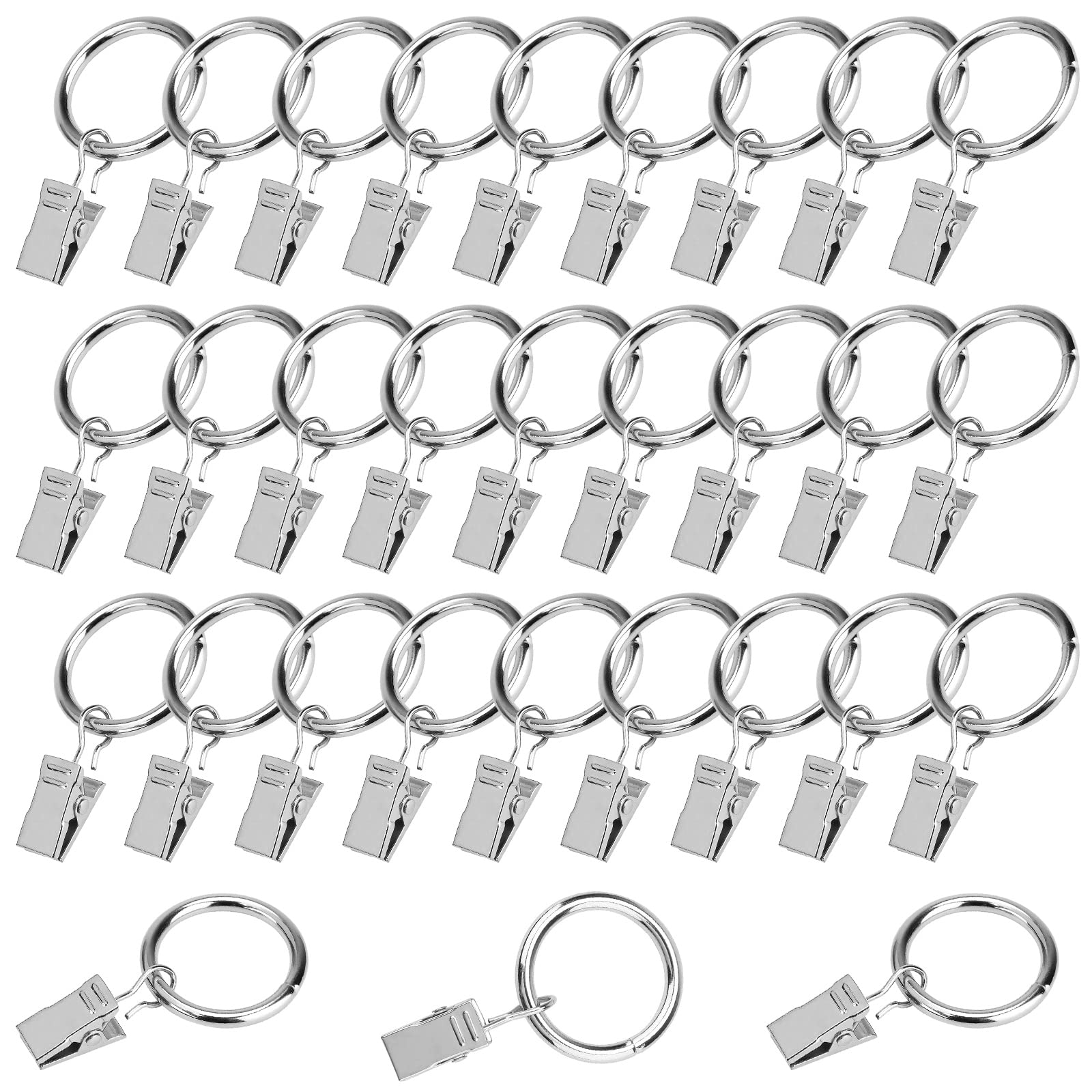 32 mm curtain rings with clips, 30 pieces metal curtain rings, multi-purpose for curtain rods (silver)