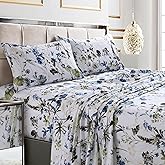 Tribeca Living Deep Pocket Queen Size Sheet Set - 300 Thread Count Cotton Sateen Sheets with 22-Inch Extra Deep Pockets, Oeko-Tex Certified, 4 Bedding Set in Amalfi Blue/Multi Print