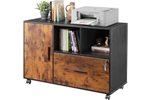 DEVAISE Lateral File Cabinet with Lock, 1-Drawer Rolling File Cabinets on Wheels for Home Office, Wood Printer Stand with Open Storage Shelf, Rustic Brown