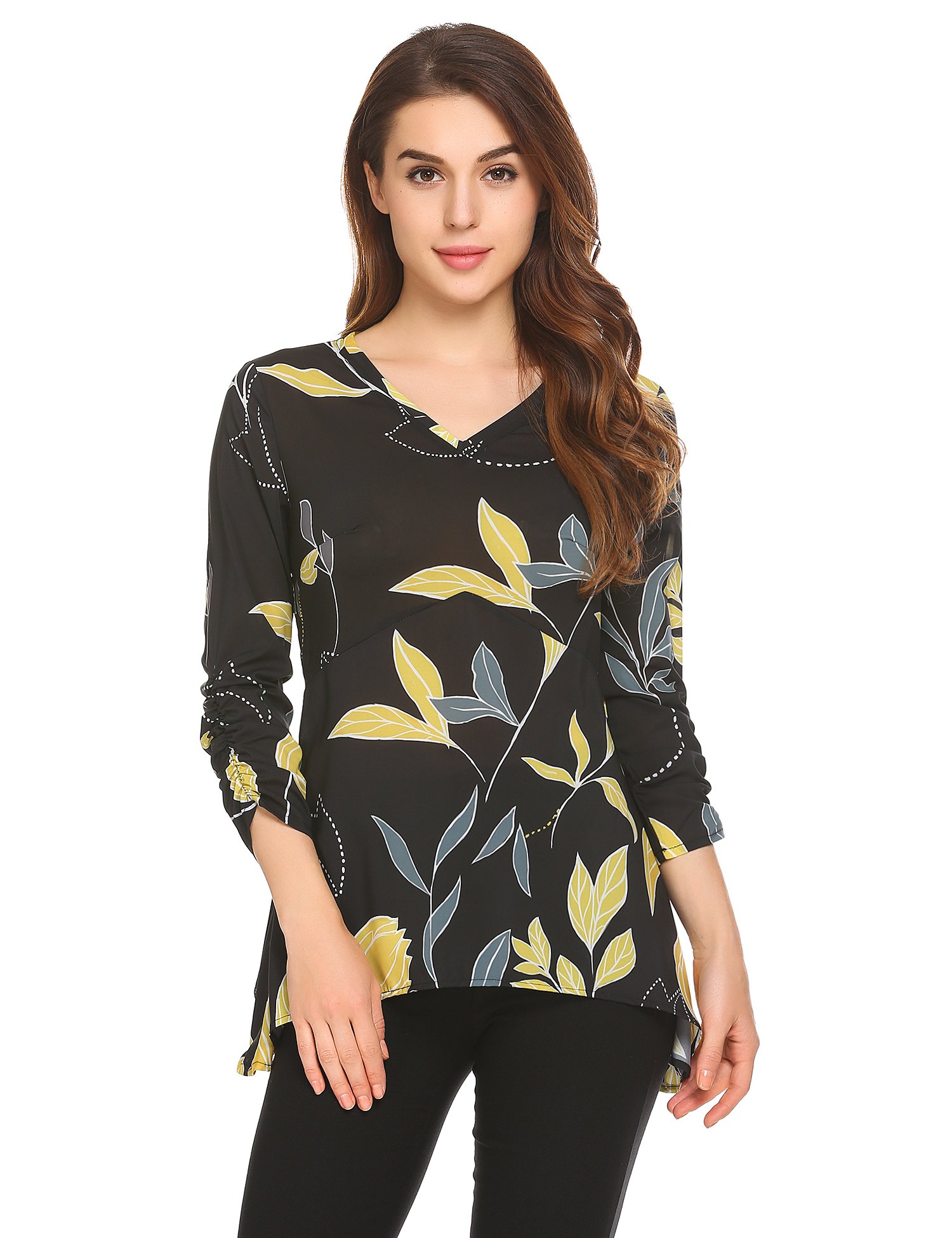 Venena Womens 3/4 Sleeve V Neck Asymmetrical Hemline Flowy Tunic Top