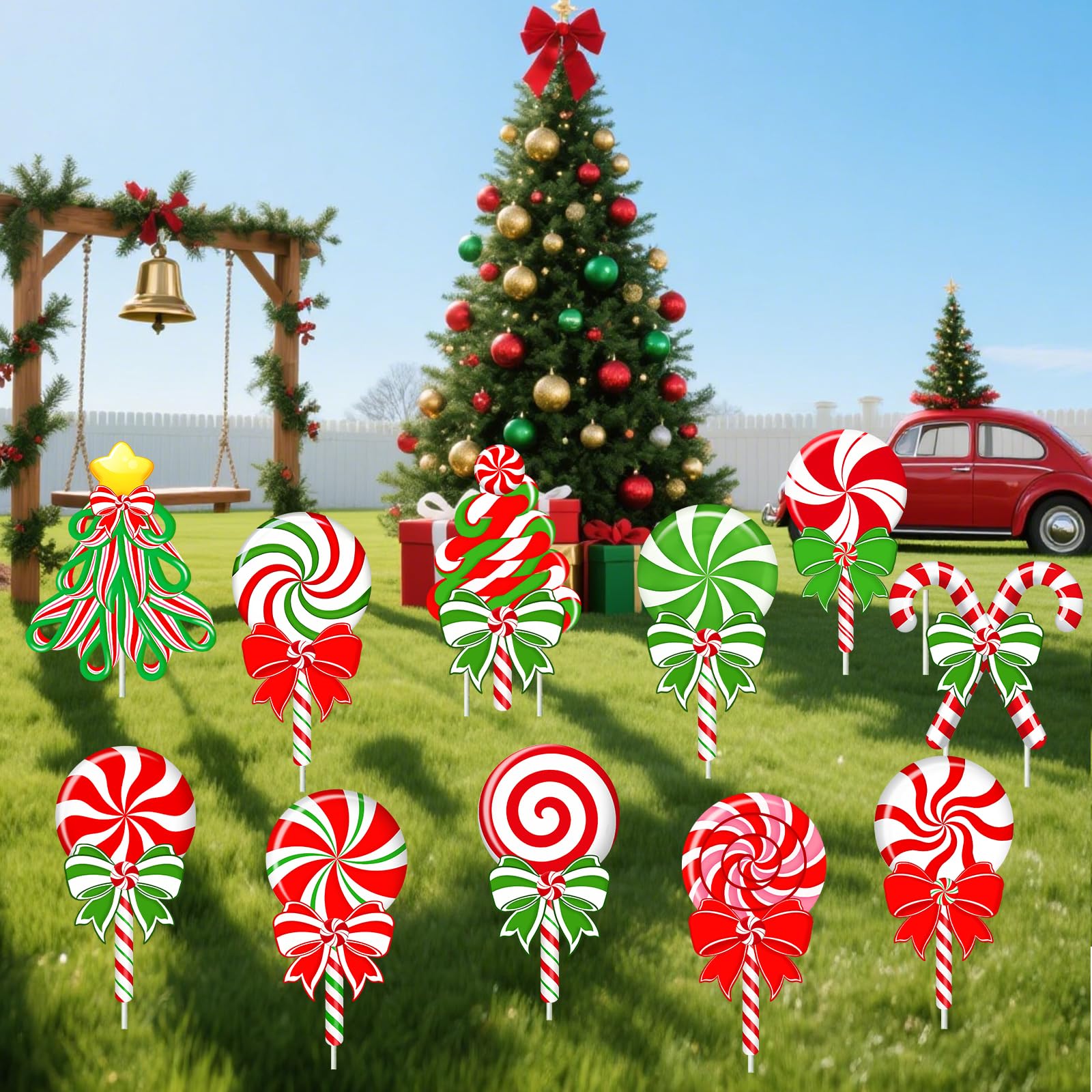 Photo 1 of 11 Pcs Christmas Lollipop Yard Signs Candy Decorations, Lollipop Candy Yard Signs with Stakes for Xmas Winter Holiday Outside Lawn Pathway Garden Decorations Supplies