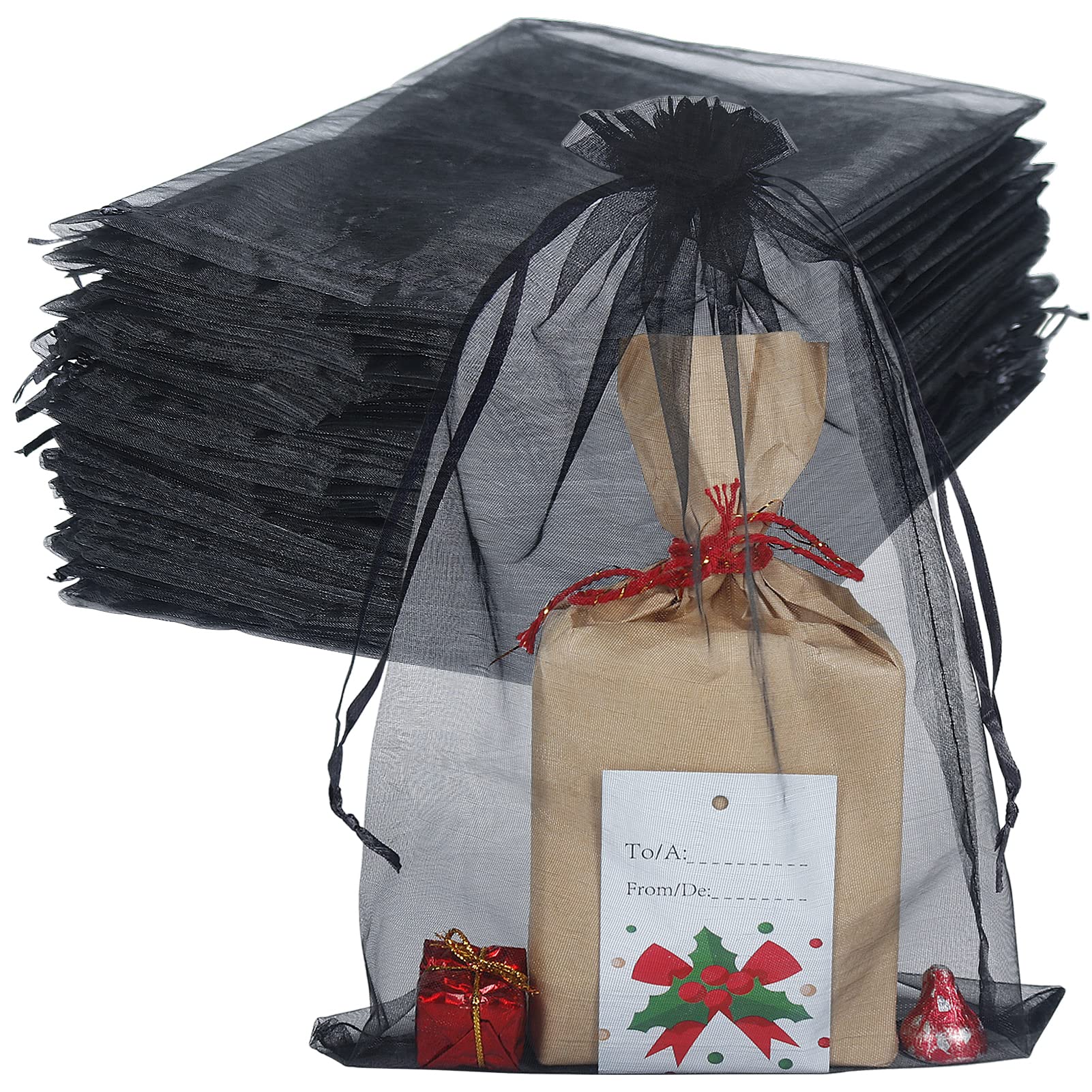 Photo 1 of HRX Package 100pcs Large Organza Bags, 8x12 inch Black Mesh Gift Drawstring Pouches Goodie Bags for Halloween Party Favors Samples
