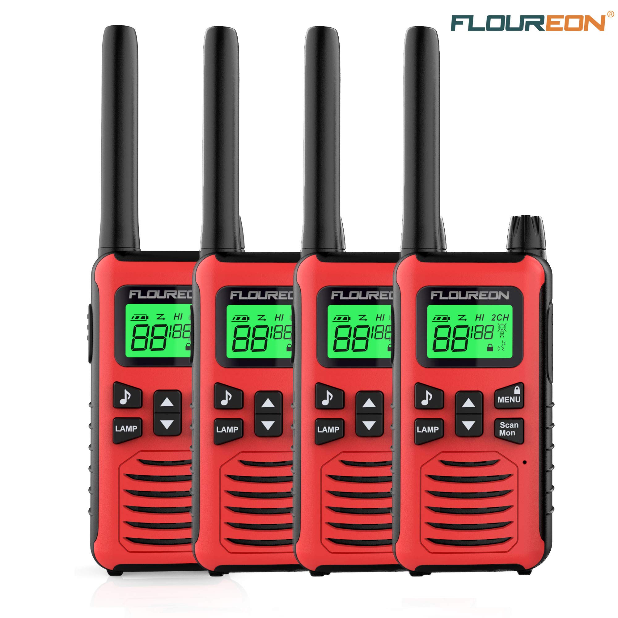 FLOUREON 4 Packs Walkie Talkies Two Way Radios 22 Channel 3000M (MAX 5000M Open Field) UHF Long Range Handheld Talkies Talky (Red FC200)