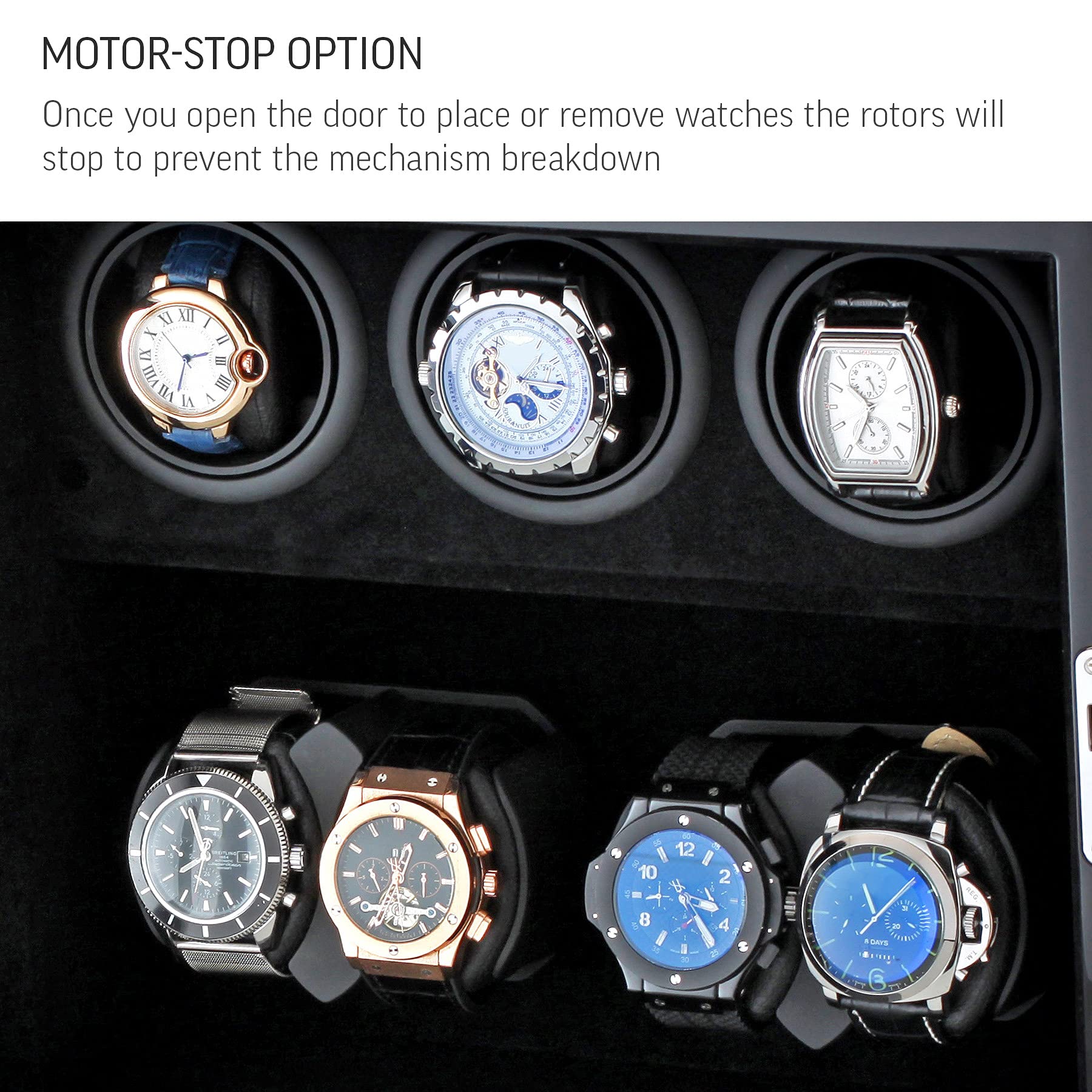 Watch Winder for 7 Watches with Interior Backlight, Motor-Stop Option and Battery Power Option (Black)