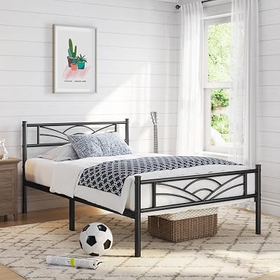 Yaheetech 3ft Single Bed Metal Slatted Frame Cloud Headboard Black