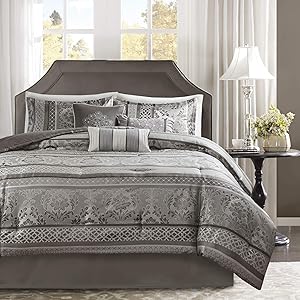 Madison Park Cozy Comforter Set-Luxurious Jaquard Traditional Damask Design All Season Down Alternative Bedding with Matching Shams, Decorative Pillow, Cal King(104"x92"), Grey 7 Piece