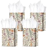 24Pcs Wildflower Paper Gift Bags and 24 Sheets Tissue Paper, Watercolor Flower Garden Party Favor Bags with Handle Candy Goodie Bags for Valentine Birthday Wedding Baby Shower Party Supplies, B