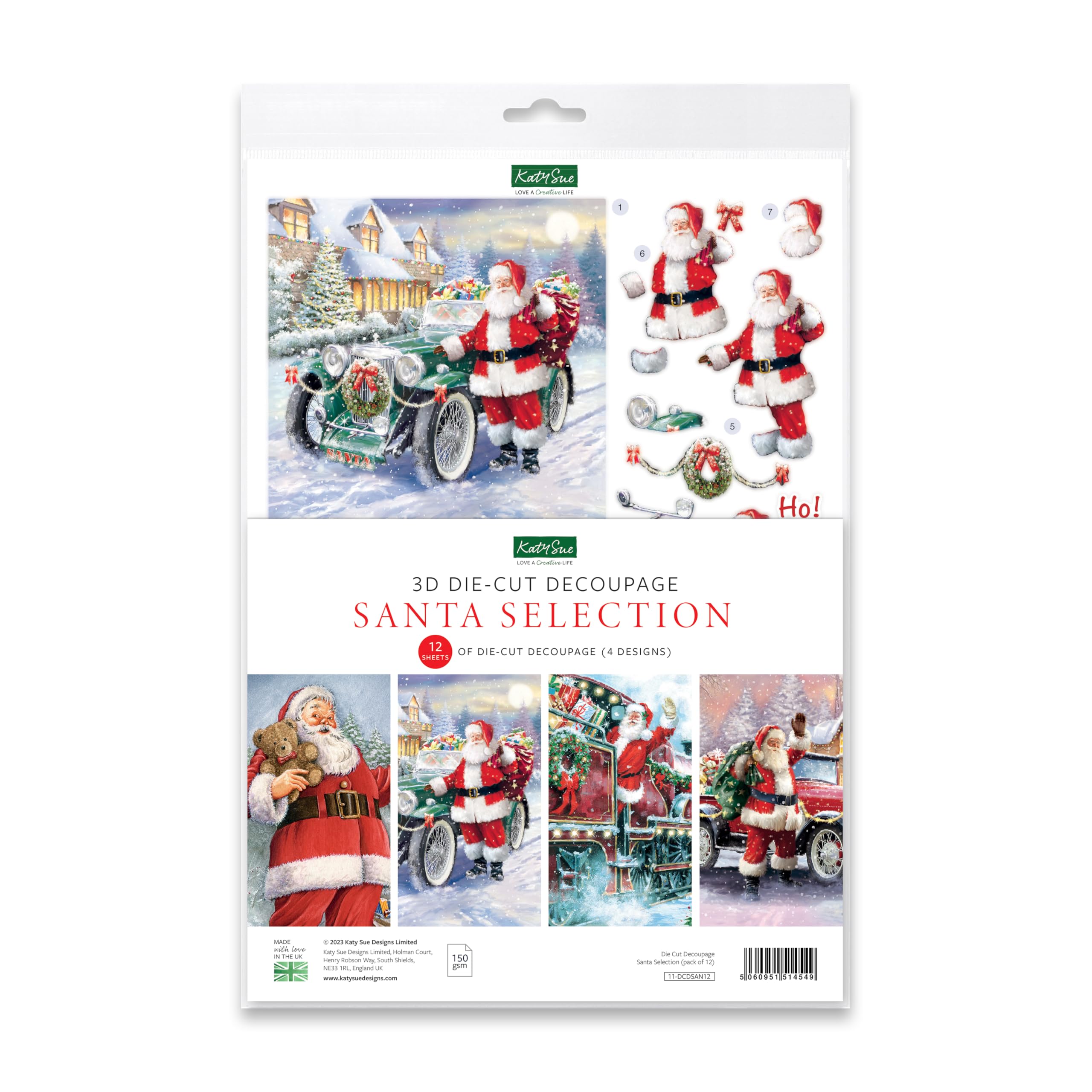 Katy Sue Santa Selection Die-Cut Decoupage Sheets. A Pack of 12 A4 Sheets of Father Christmas & Santa Claus Die-Cuts for Christmas Card Making Supplies