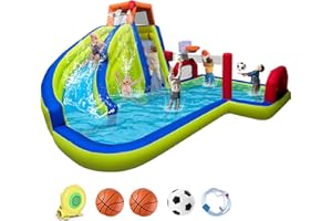RETRO JUMP Inflatable Water Slide,8 in 1 Water Park Bounce House for Kids,Backyard Waterslide Outdoor with Slide,Splash Pool,Climbing Wall,Basketball Rim,Soccer Field,Volleyball Area,Blower Included
