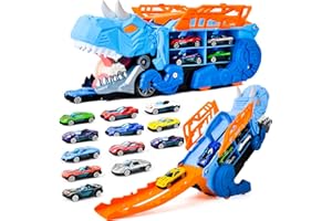 Toddler Truck Toys for 3 4 5 6 Years Old Boys,Dinosaur Transporter Truck with 12 Die-Cast Cars, Transforms into Dino，Toddler 