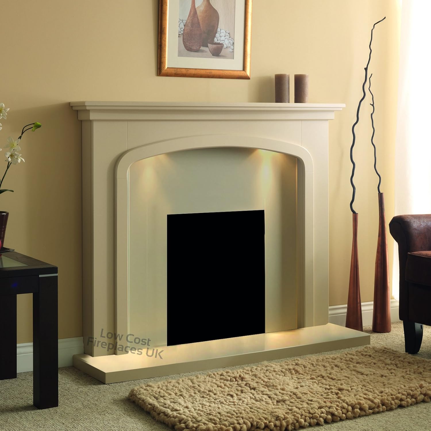 Electric Cream Beige Stone Effect Surround Hearth Modern