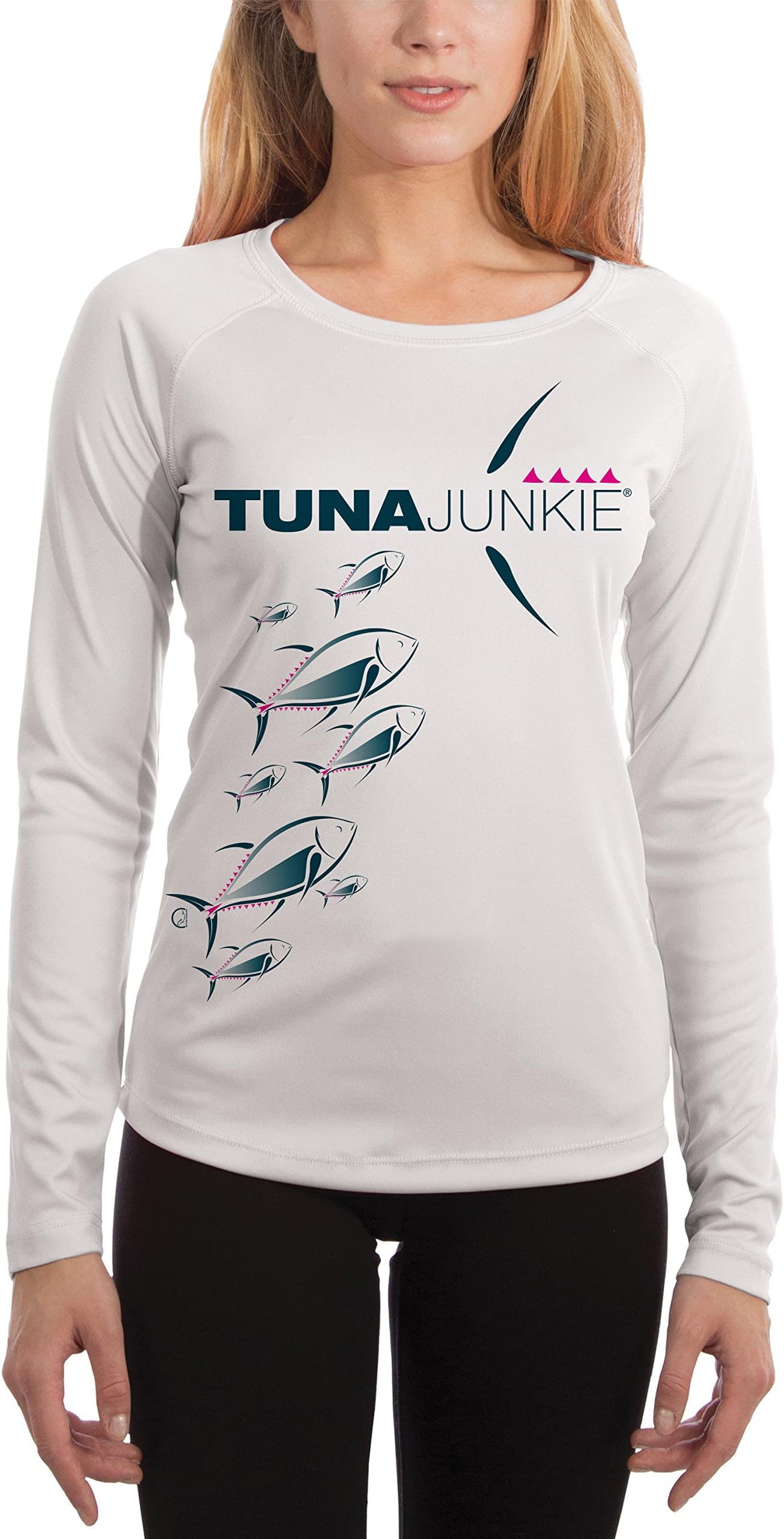 Tuna Junkie Women's Tuna Swimming up in Pink UPF 50+ Performance T-shirt X-Small White