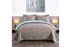 NEWLAKE Cotton Bedspread Quilt Sets-Reversible Patchwork Coverlet Set, European Gorgeous Floral Pattern, Queen Size