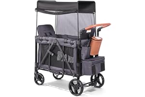 MONGIANDA Wagon Stroller for 2 Kids with Insulated Snack Pack Foldable All-Terrain Wagon Stroller, 5-Point Harness & Canopy Parent Organizer Adjustable Handle (Grey)