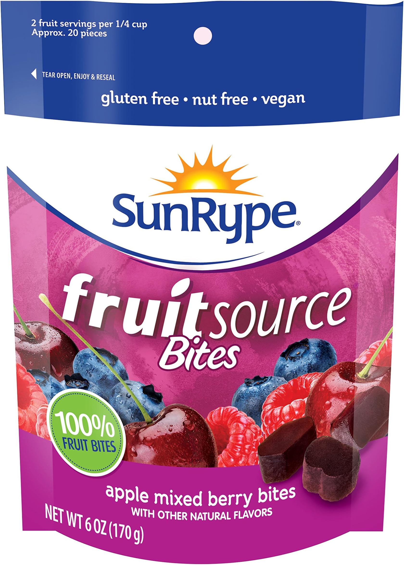 FruitSource Bites 100% Fruit (Case of 12) (Mixed Berry) - Vegan, Gluten-Free, Kosher, Peanut-Free
