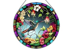 RIVEENY Hummingbird Stained Glass Window Hangings,8''Hummingbird in Flower Wall Decor for Cafe Home Decor Bird Lover Gift for Mom, Grandma,Wife,Teacher