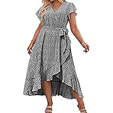 IN'VOLAND Plus Size Womens Floral Summer Dress Casual Wrap V Neck Short Sleeve Belted Beach Bohemian Maxi Dress