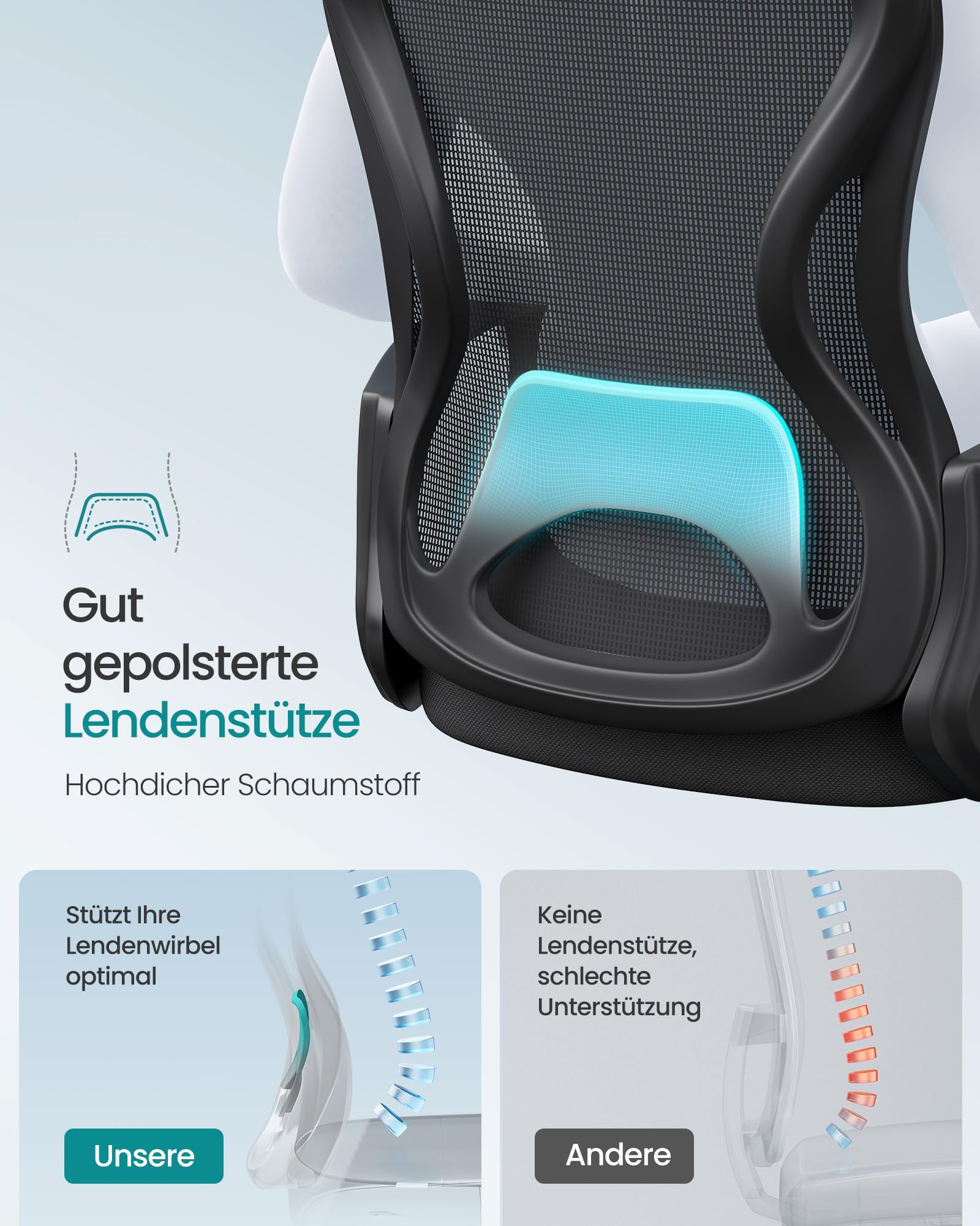 SONGMICS Bürostuhl ergonomisch, Drehstuhl mit Netzgewebe, Schreibtischstuhl mit Lendenstütze, Wippfunktion, Armlehnen, für Arbeitszimmer, Schlafzimmer, tintenschwarz OBN043BH02 4